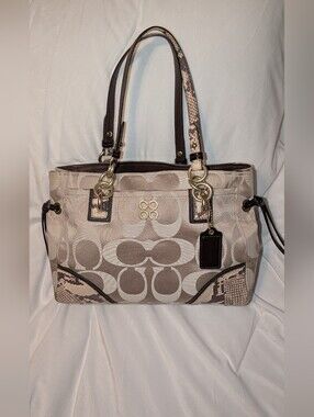 Coach Colette Signature Sateen Carryall Python Embossed Khaki #16475 VGUC